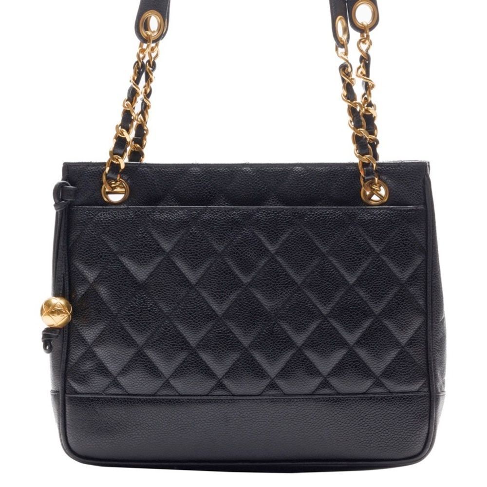 Chanel Double Chain Shoulder Caviar Skin Black Gold Mini